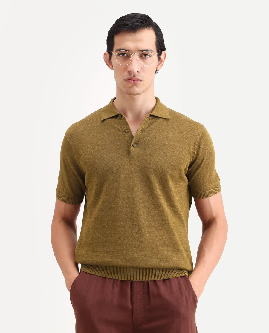 Rare Rabbit Men's Mekko-S26 Dusky Mustard Linen Blend Fabric Half Sleeve Spread Collar Regular Plain Polo