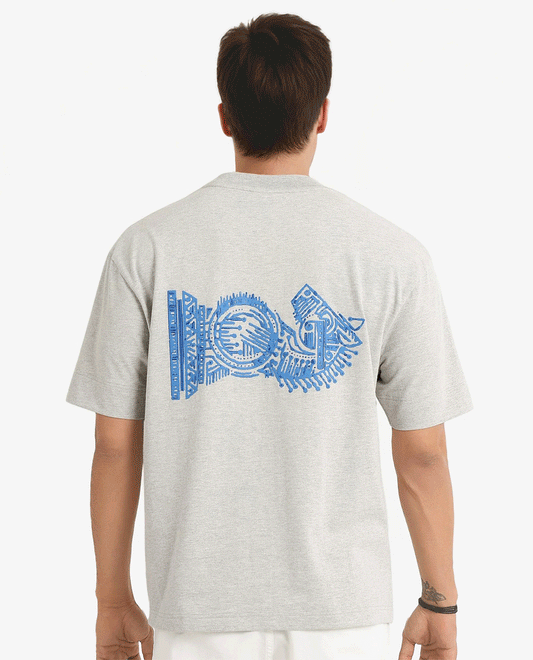 Rare Rabbit Men's Ight Melange Grey Cotton Graphic Print Oversized Fit Half Sleeve Crew Neck T-Shirt