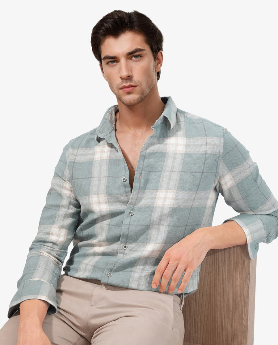 Rare Rabbit Men's Melfi Teal Cotton Checked Print Regular Fit Full Sleeve Collared Shirt
