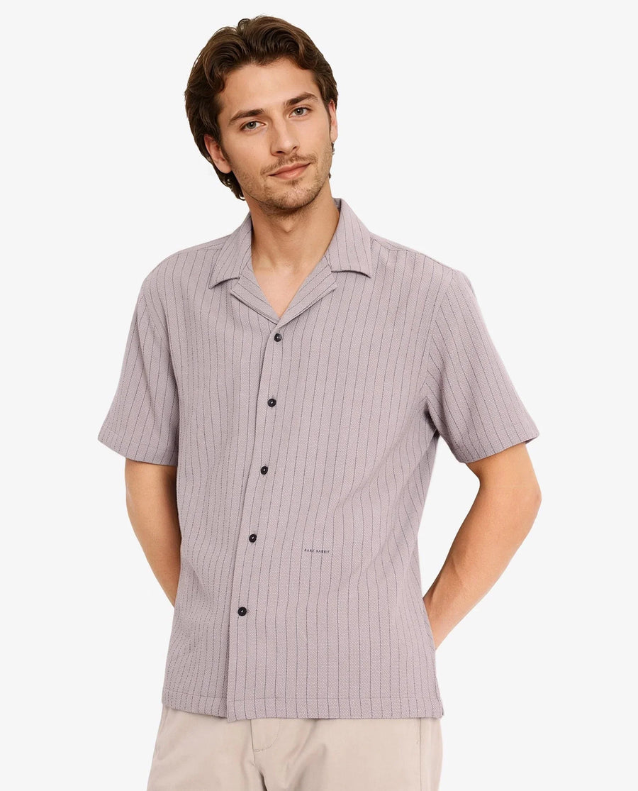 Rare Rabbit Men's Melon Dusky Purple Cotton Striped Print Boxy Fit Half Sleeve Cuban Collar Shirt