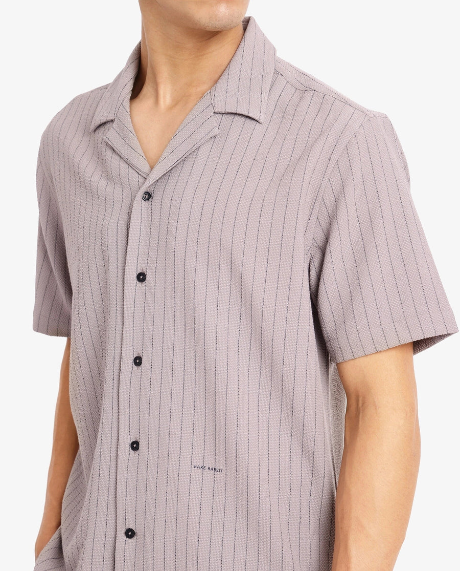 Rare Rabbit Men's Melon Dusky Purple Cotton Striped Print Boxy Fit Half Sleeve Cuban Collar Shirt