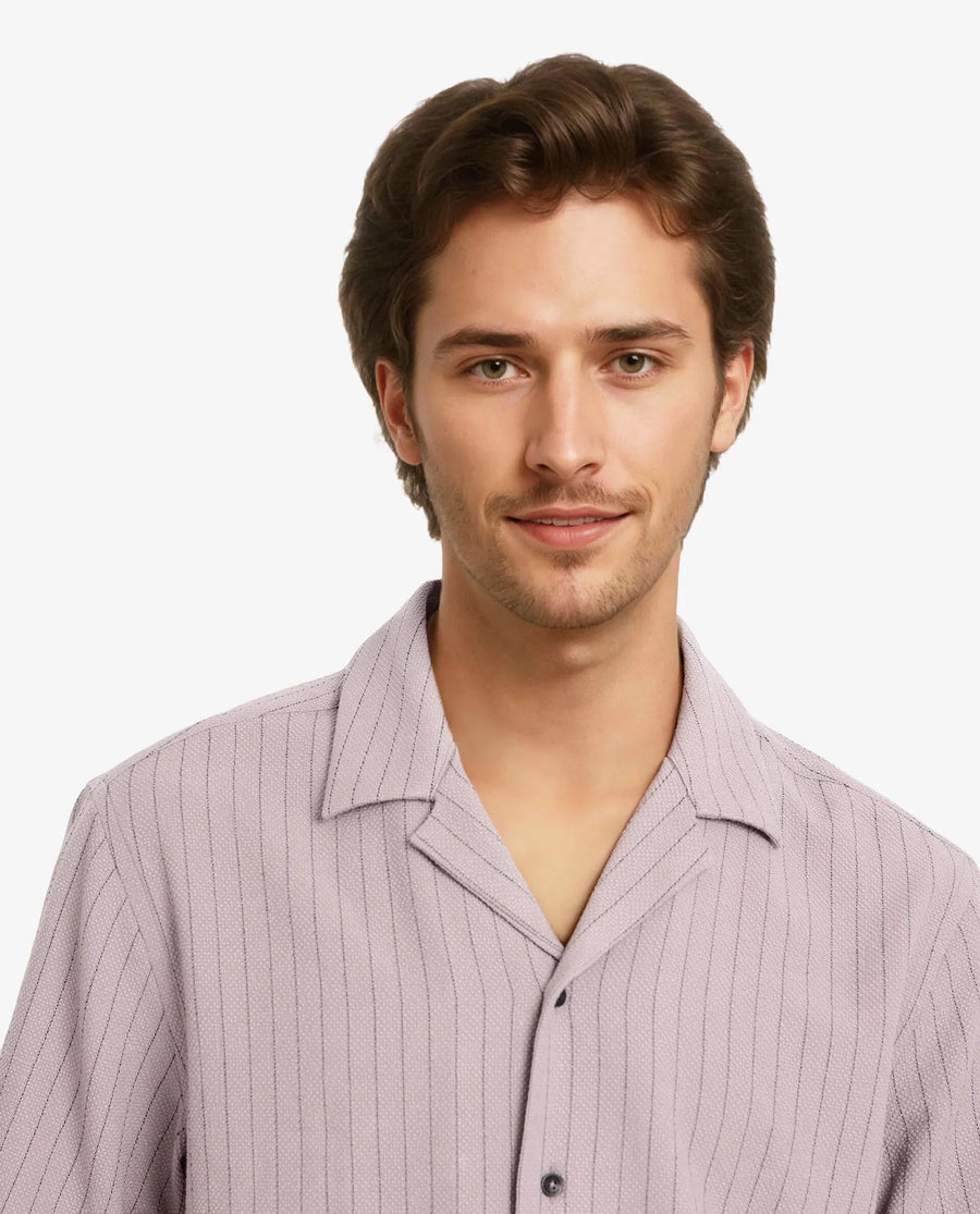 Rare Rabbit Men's Melon Dusky Purple Cotton Striped Print Boxy Fit Half Sleeve Cuban Collar Shirt