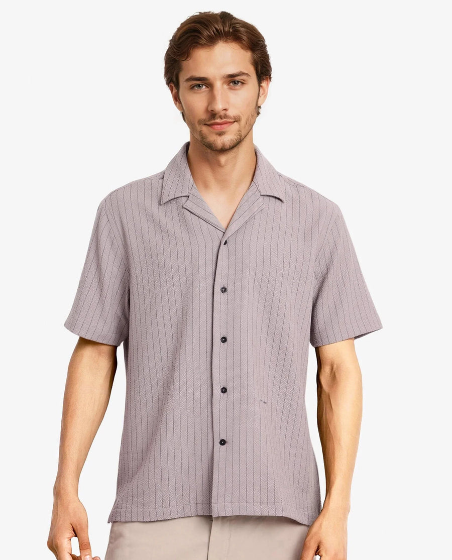 Rare Rabbit Men's Melon Dusky Purple Cotton Striped Print Boxy Fit Half Sleeve Cuban Collar Shirt