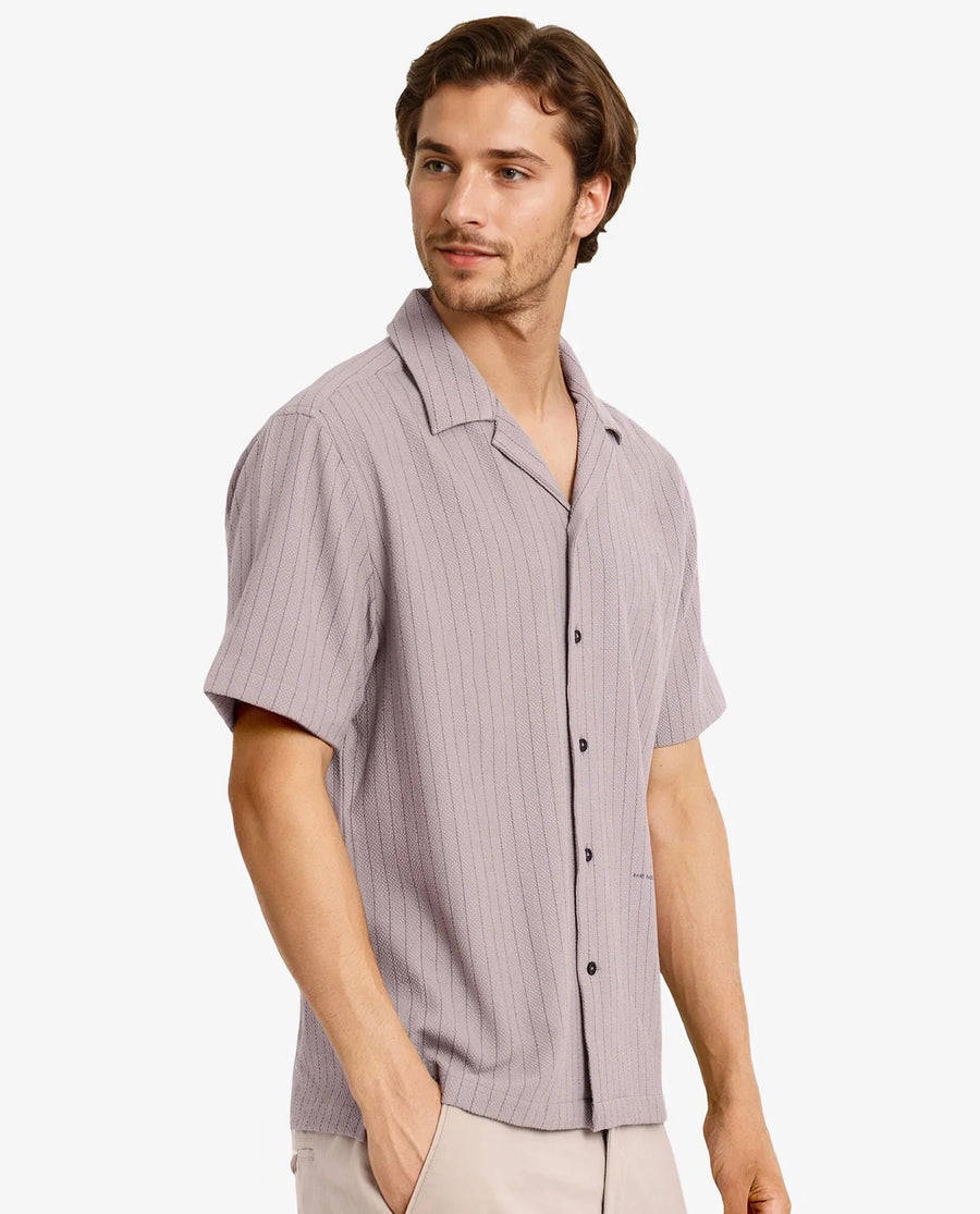 Rare Rabbit Men's Melon Dusky Purple Cotton Striped Print Boxy Fit Half Sleeve Cuban Collar Shirt