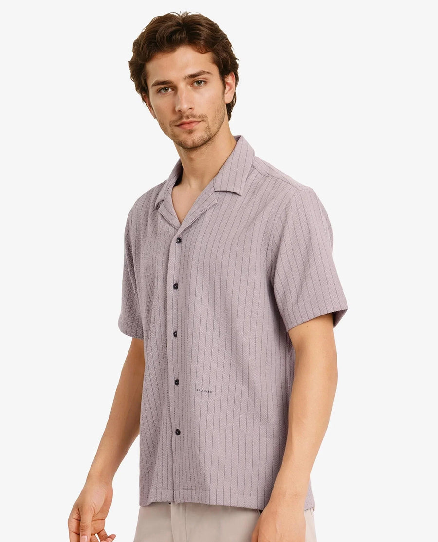 Rare Rabbit Men's Melon Dusky Purple Cotton Striped Print Boxy Fit Half Sleeve Cuban Collar Shirt