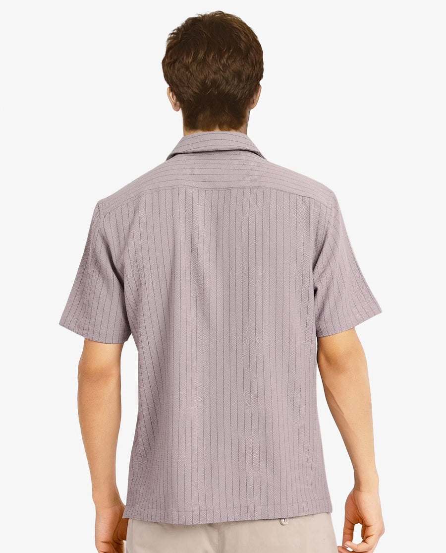 Rare Rabbit Men's Melon Dusky Purple Cotton Striped Print Boxy Fit Half Sleeve Cuban Collar Shirt