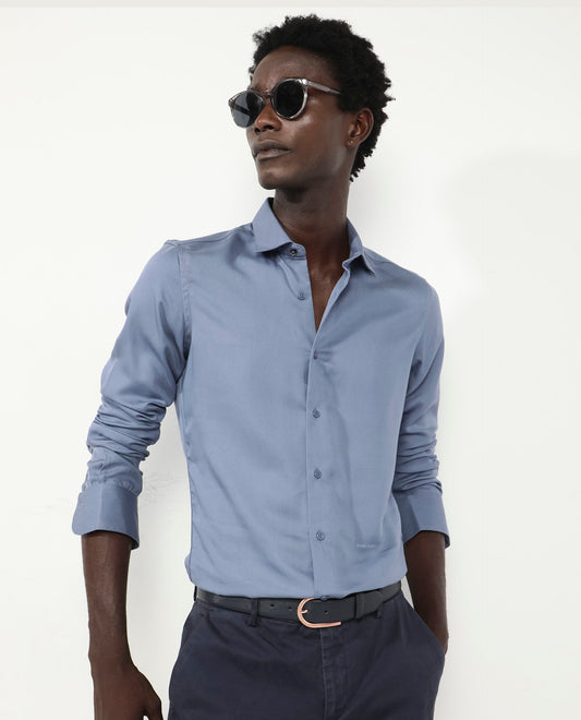 Rare Rabbit Men's Memo Ls Pastel Blue Tencel Plain Regular Fit Full Sleeve Collared Shirt