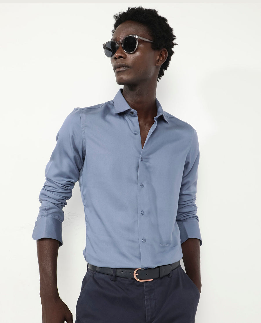 Rare Rabbit Men's Memo Ls Pastel Blue Tencel Plain Regular Fit Full Sleeve Collared Shirt