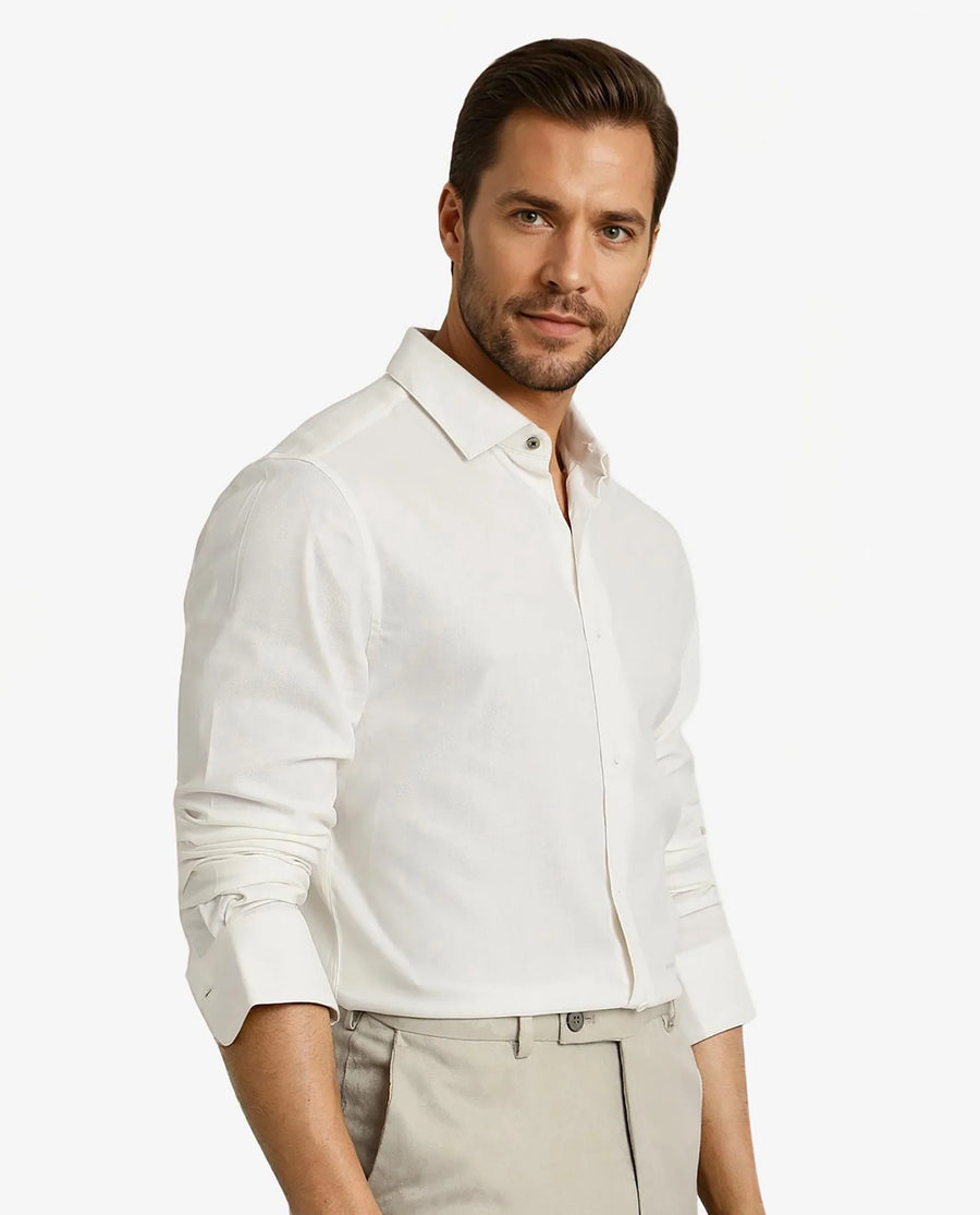 Rare Rabbit Men's Mer White Viscose Plain Regular Fit Full Sleeve Collared Shirt