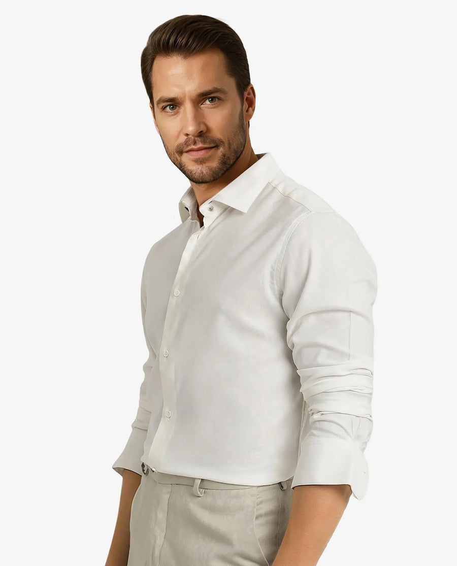 Rare Rabbit Men's Mer White Viscose Plain Regular Fit Full Sleeve Collared Shirt