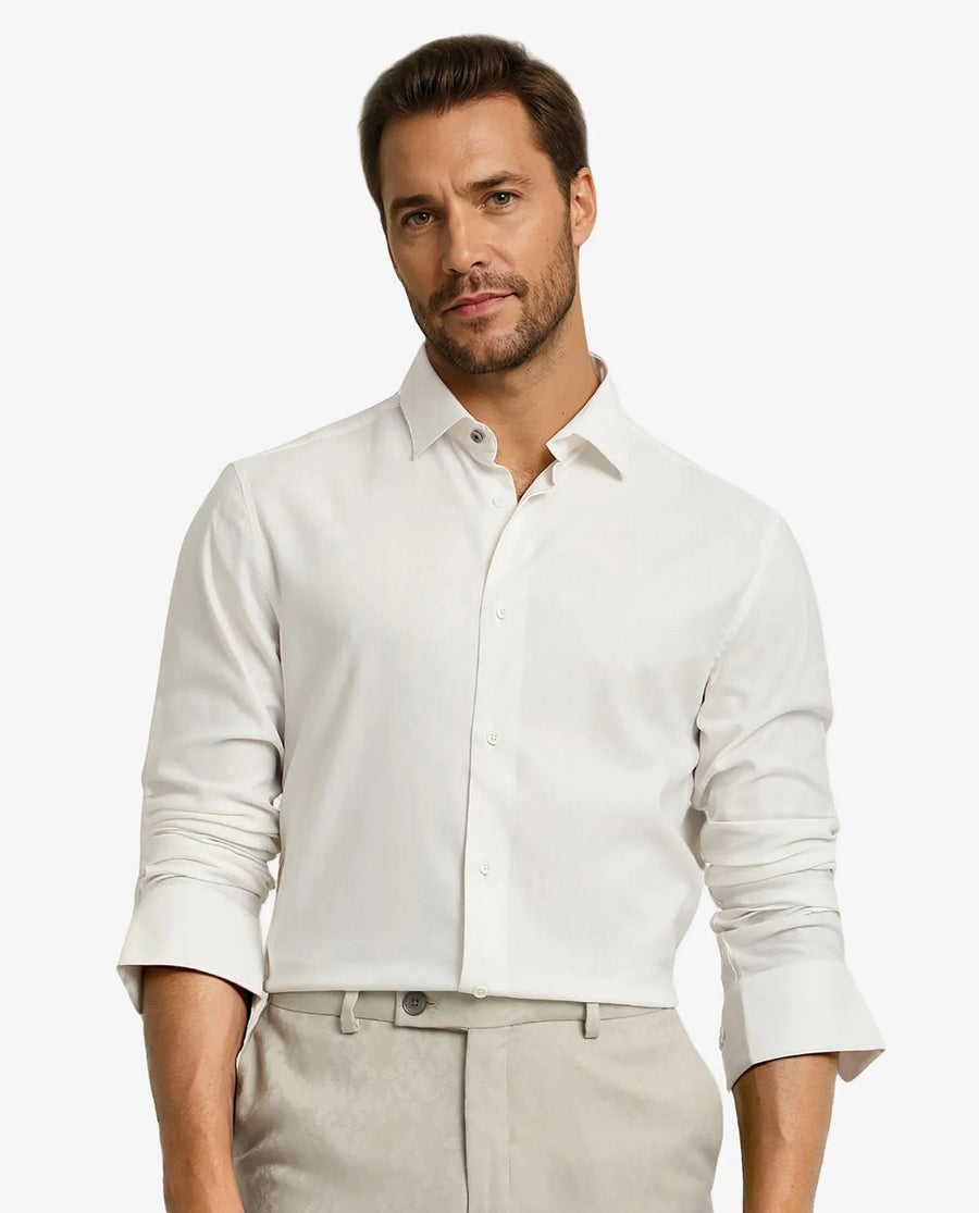 Rare Rabbit Men's Mer White Viscose Plain Regular Fit Full Sleeve Collared Shirt