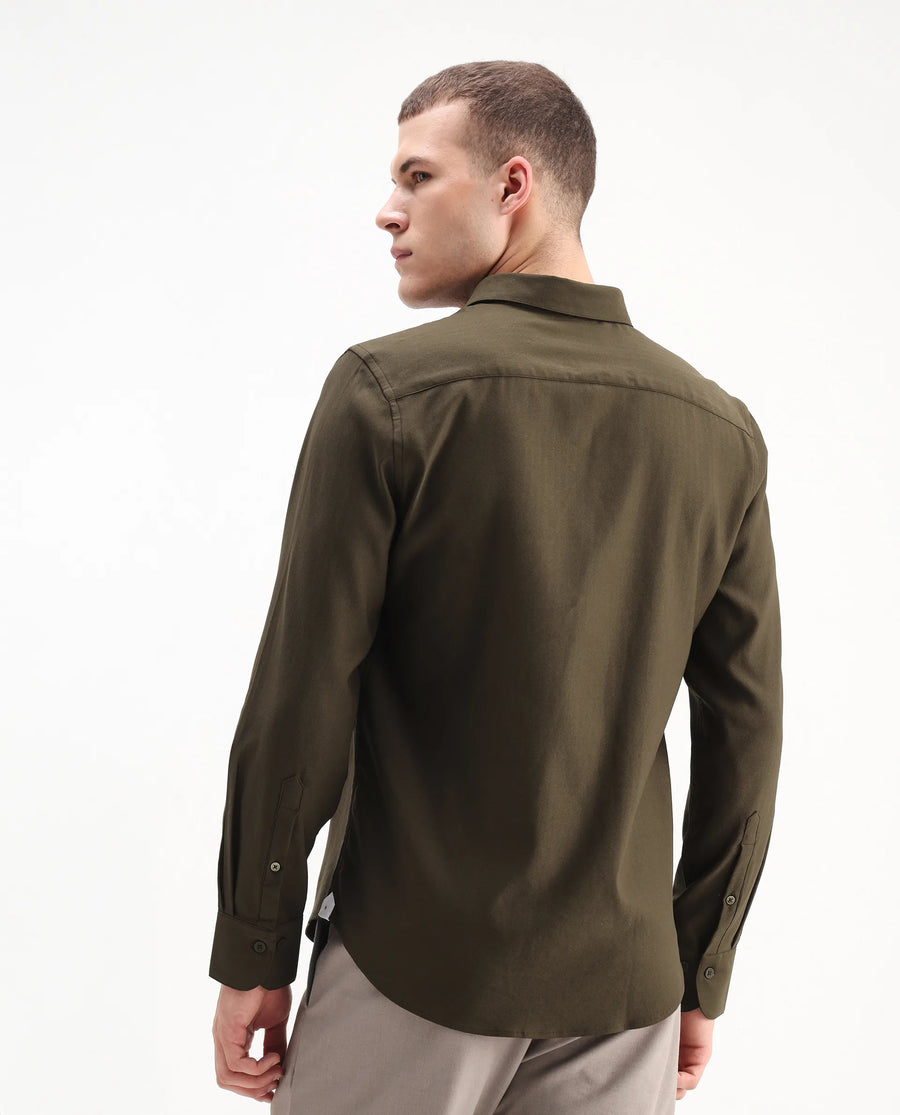 Rare Rabbit Men's Mero-25 Dark Olive Viscose Blend Striped Print Regular Fit Full Sleeve Collared Shirt