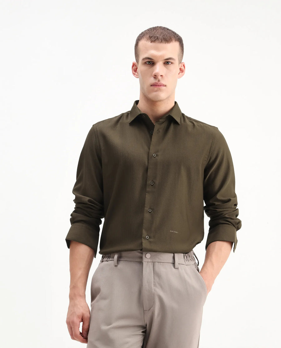 Rare Rabbit Men's Mero-25 Dark Olive Viscose Blend Striped Print Regular Fit Full Sleeve Collared Shirt