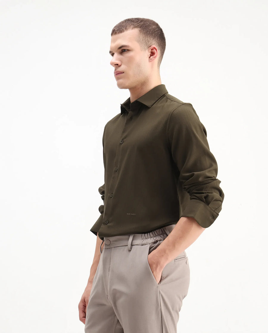 Rare Rabbit Men's Mero-25 Dark Olive Viscose Blend Striped Print Regular Fit Full Sleeve Collared Shirt
