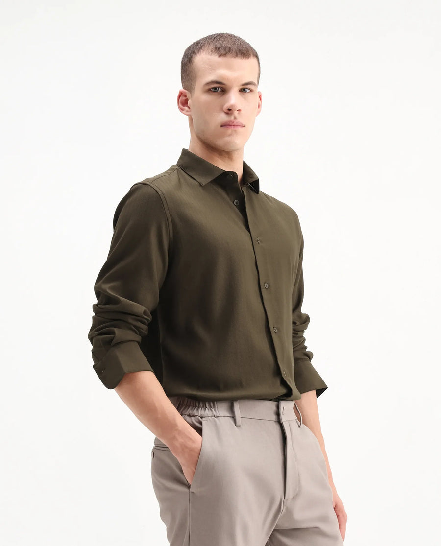Rare Rabbit Men's Mero-25 Dark Olive Viscose Blend Striped Print Regular Fit Full Sleeve Collared Shirt