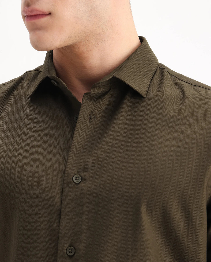 Rare Rabbit Men's Mero-25 Dark Olive Viscose Blend Striped Print Regular Fit Full Sleeve Collared Shirt