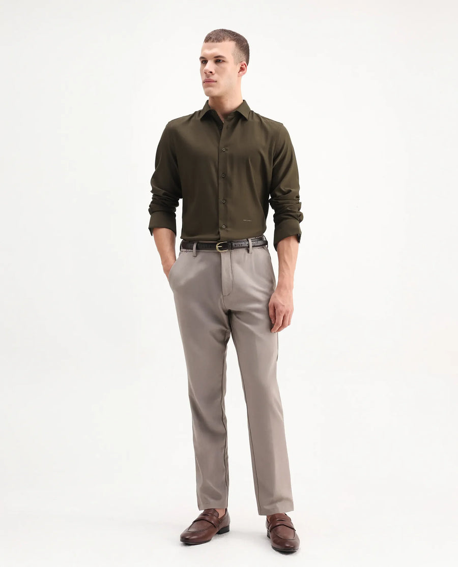 Rare Rabbit Men's Mero-25 Dark Olive Viscose Blend Striped Print Regular Fit Full Sleeve Collared Shirt
