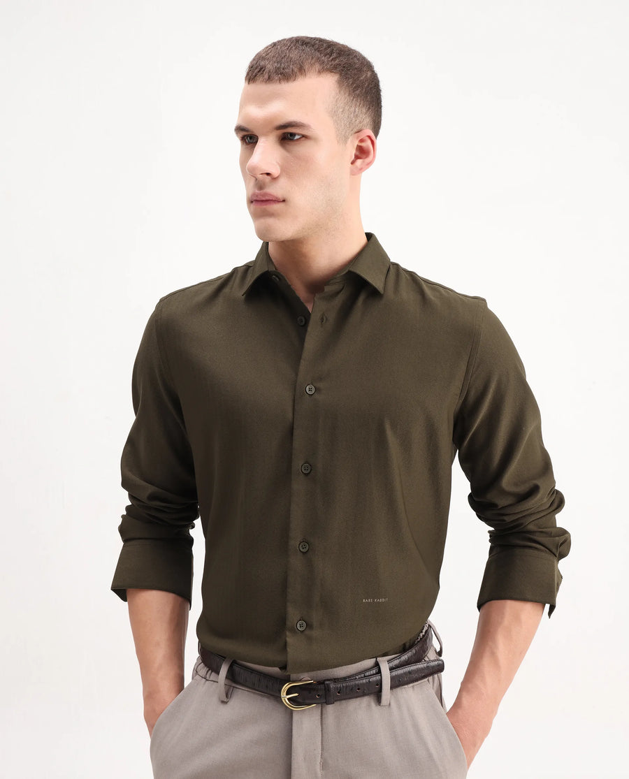 Rare Rabbit Men's Mero-25 Dark Olive Viscose Blend Striped Print Regular Fit Full Sleeve Collared Shirt