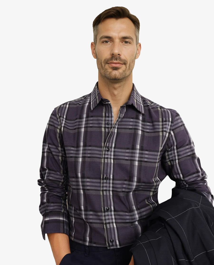 Rare Rabbit Men's Mest Navy Cotton Checked Print Regular Fit Full Sleeve Collared Shirt