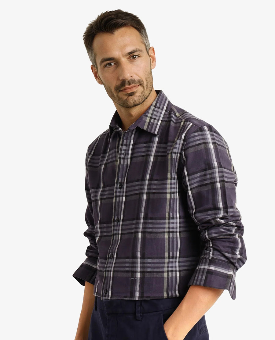 Rare Rabbit Men's Mest Navy Cotton Checked Print Regular Fit Full Sleeve Collared Shirt