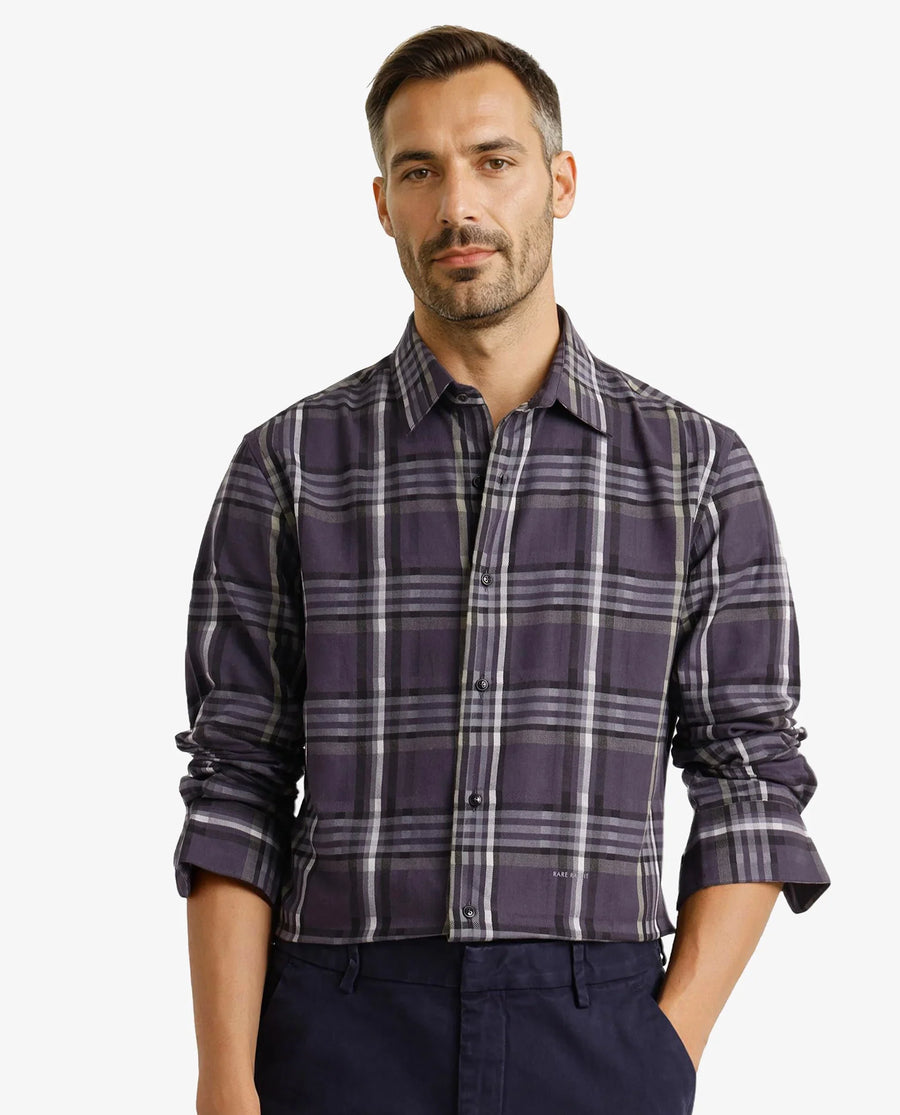 Rare Rabbit Men's Mest Navy Cotton Checked Print Regular Fit Full Sleeve Collared Shirt