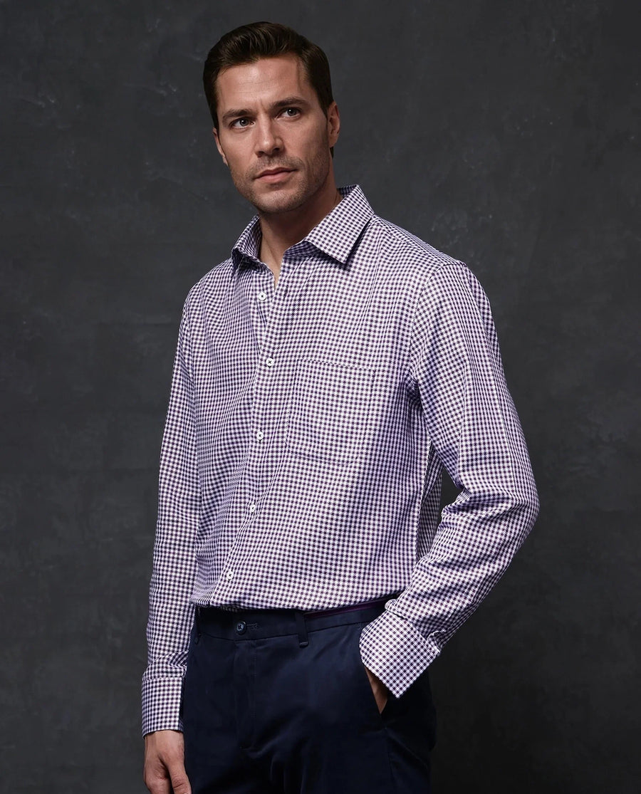 Rare Rabbit Men's Mester Dark Purple Cotton Blend Checked Print Regular Fit Full Sleeve Collared Shirt
