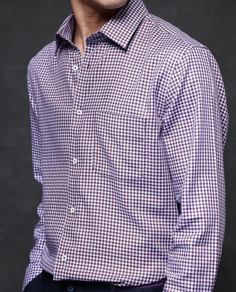 Rare Rabbit Men's Mester Dark Purple Cotton Blend Checked Print Regular Fit Full Sleeve Collared Shirt