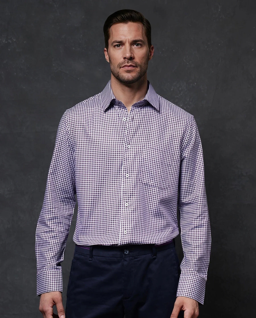 Rare Rabbit Men's Mester Dark Purple Cotton Blend Checked Print Regular Fit Full Sleeve Collared Shirt