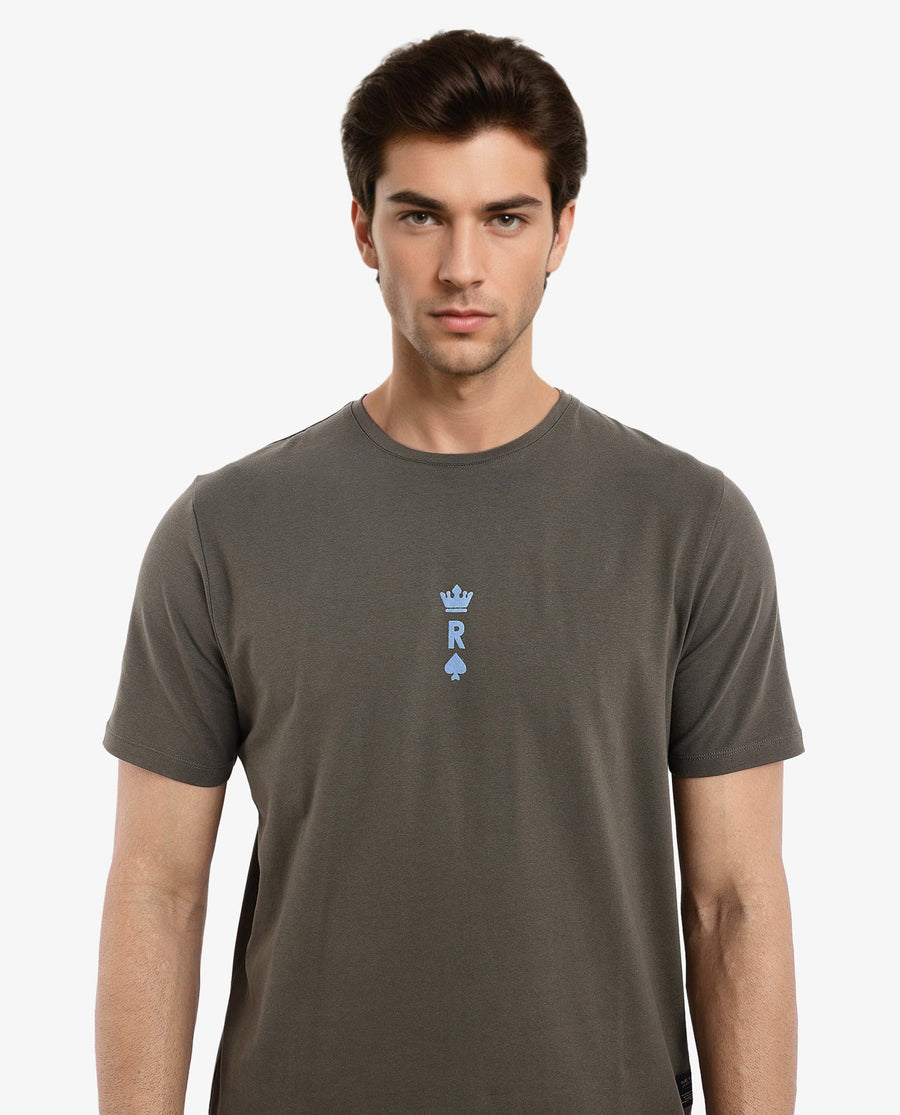 Rare Rabbit Men's Miam Olive Cotton Graphic Print Regular Fit Half Sleeve Crew Neck T-Shirt