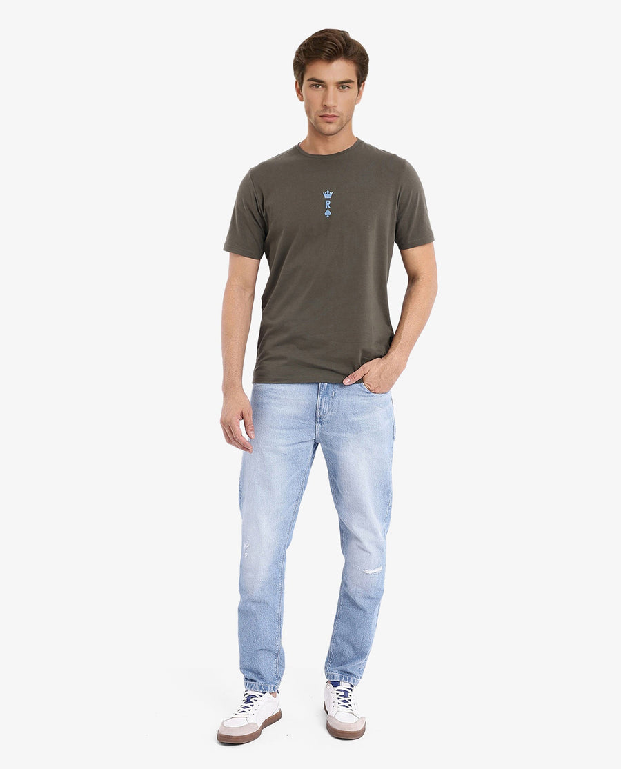 Rare Rabbit Men's Miam Olive Cotton Graphic Print Regular Fit Half Sleeve Crew Neck T-Shirt