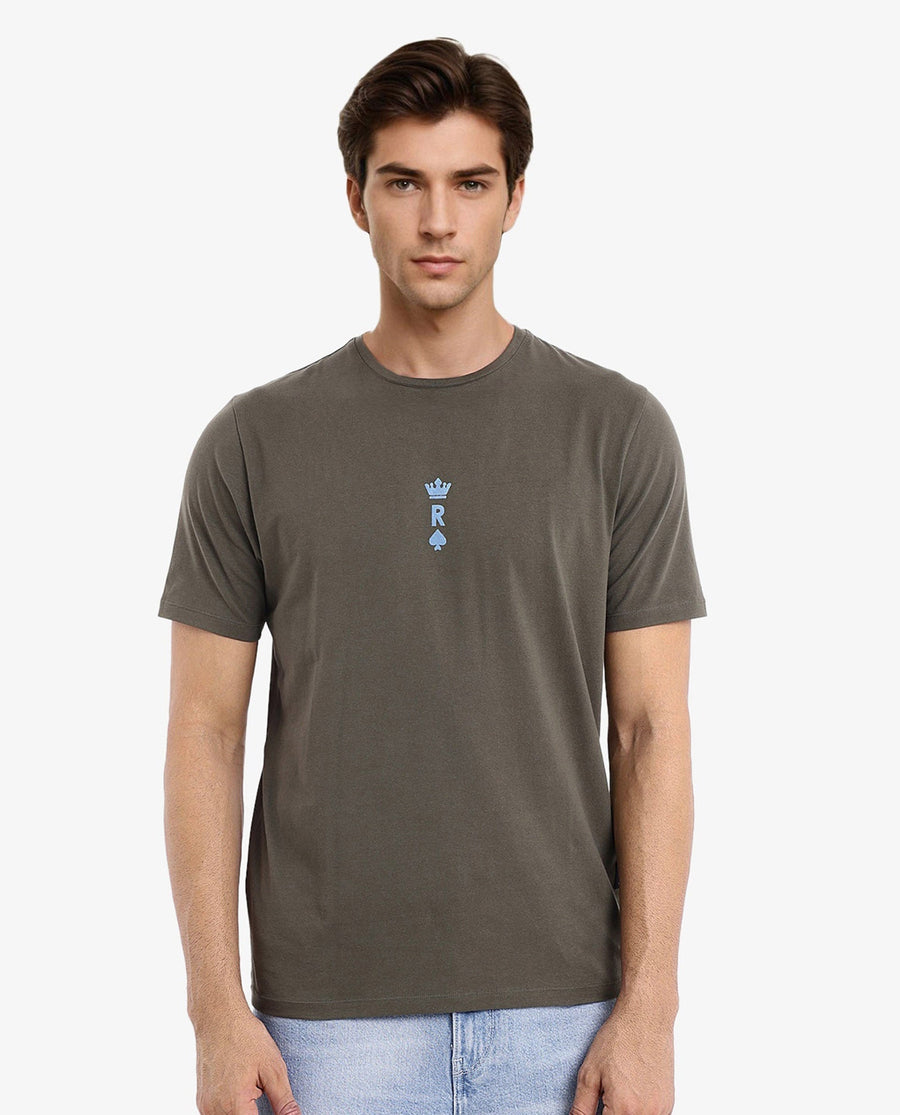 Rare Rabbit Men's Miam Olive Cotton Graphic Print Regular Fit Half Sleeve Crew Neck T-Shirt