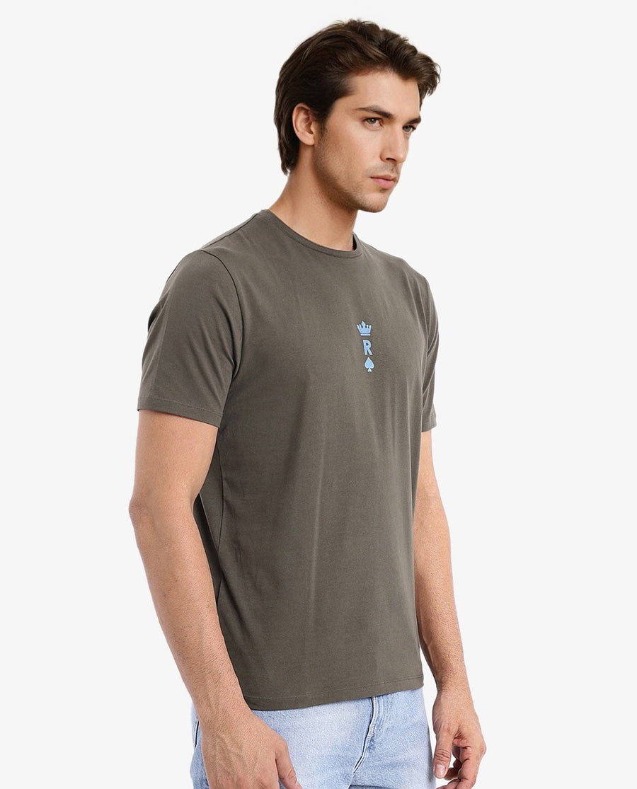Rare Rabbit Men's Miam Olive Cotton Graphic Print Regular Fit Half Sleeve Crew Neck T-Shirt
