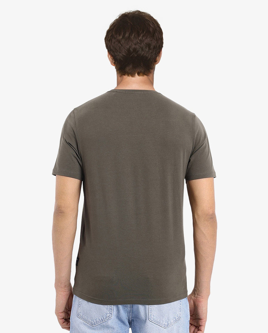 Rare Rabbit Men's Miam Olive Cotton Graphic Print Regular Fit Half Sleeve Crew Neck T-Shirt