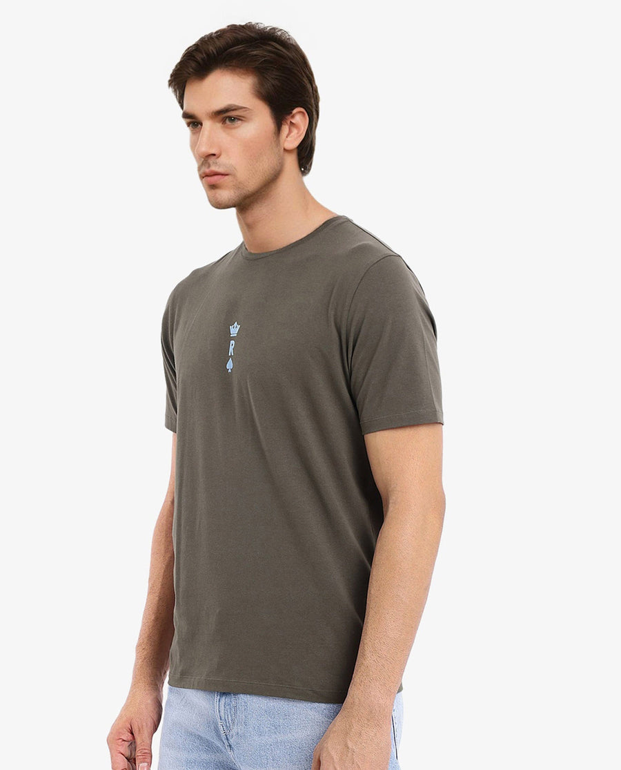 Rare Rabbit Men's Miam Olive Cotton Graphic Print Regular Fit Half Sleeve Crew Neck T-Shirt