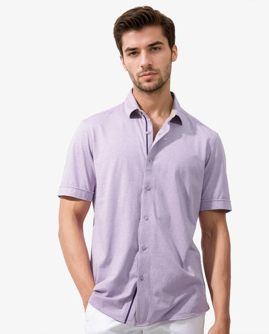Rare Rabbit Men's Miraje Pastel Purple Cotton Plain Regular Fit Half Sleeve Collared Shirt
