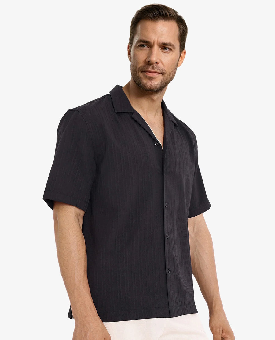 Rare Rabbit Men's Mirtilo Black Polyester Striped Print Boxy Fit Half Sleeve Cuban Collar Shirt