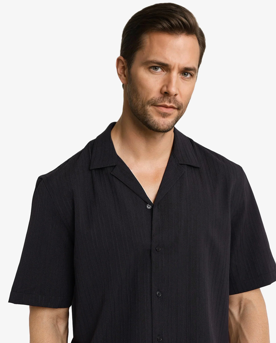 Rare Rabbit Men's Mirtilo Black Polyester Striped Print Boxy Fit Half Sleeve Cuban Collar Shirt