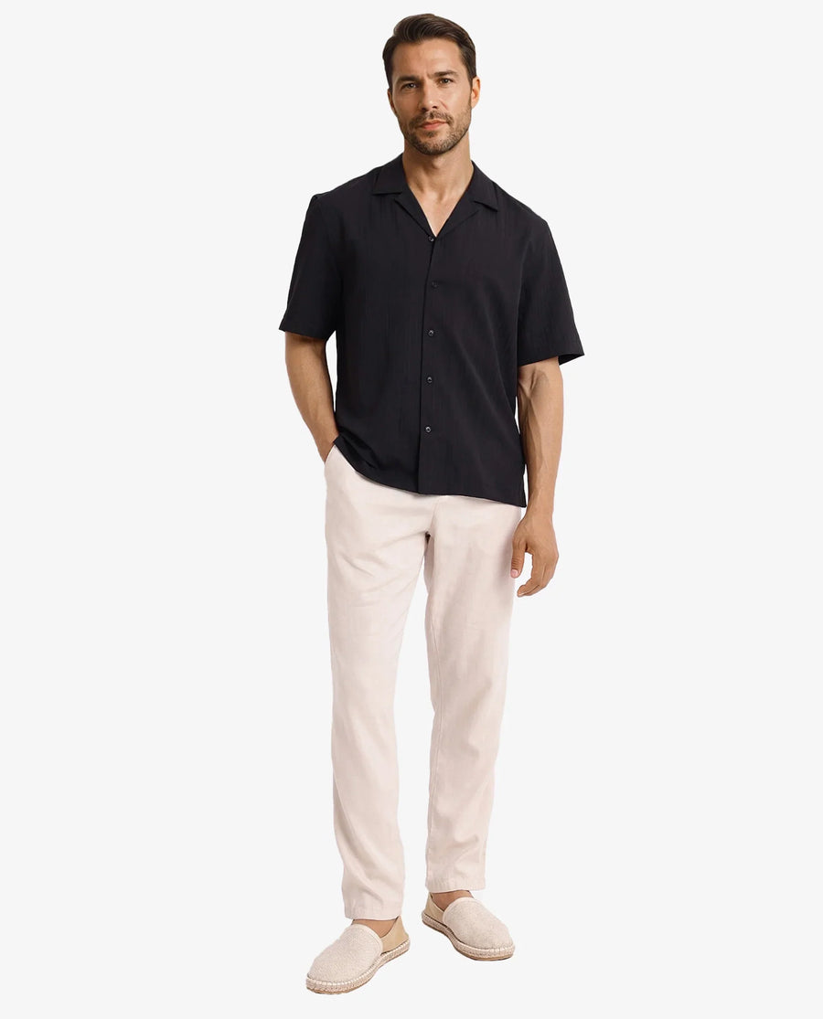 Rare Rabbit Men's Mirtilo Black Polyester Striped Print Boxy Fit Half Sleeve Cuban Collar Shirt