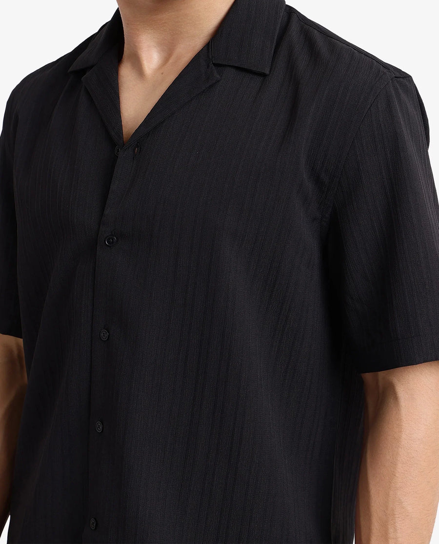 Rare Rabbit Men's Mirtilo Black Polyester Striped Print Boxy Fit Half Sleeve Cuban Collar Shirt