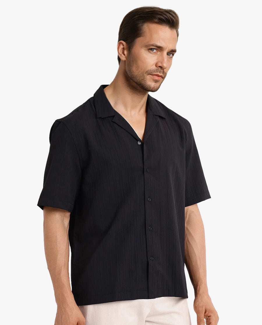 Rare Rabbit Men's Mirtilo Black Polyester Striped Print Boxy Fit Half Sleeve Cuban Collar Shirt