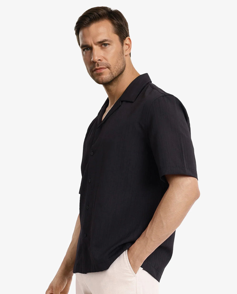 Rare Rabbit Men's Mirtilo Black Polyester Striped Print Boxy Fit Half Sleeve Cuban Collar Shirt