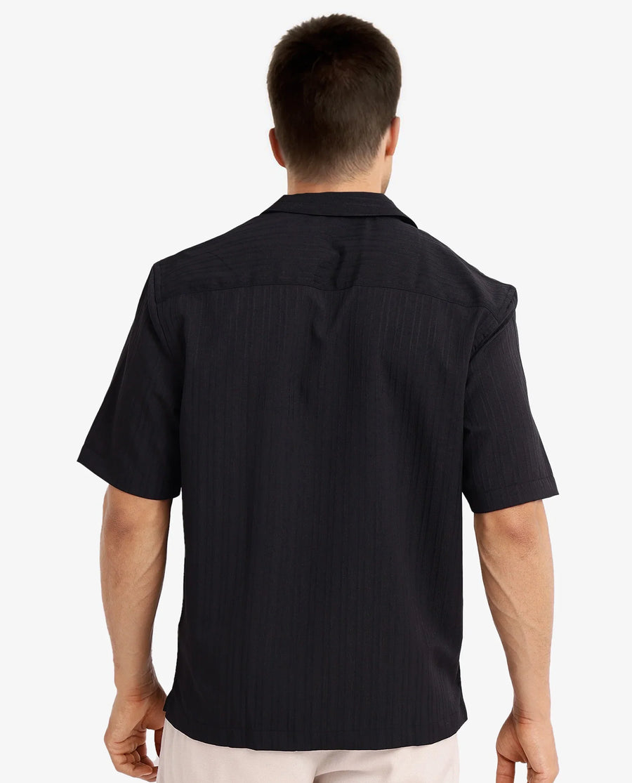 Rare Rabbit Men's Mirtilo Black Polyester Striped Print Boxy Fit Half Sleeve Cuban Collar Shirt