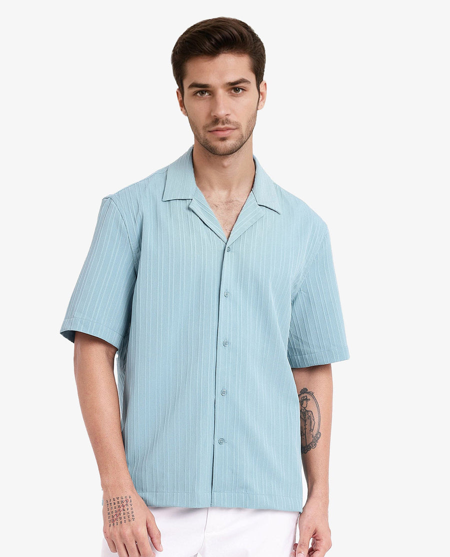 Rare Rabbit Men's Mirtilo Turq Polyester Striped Print Boxy Fit Half Sleeve Cuban Collar Shirt