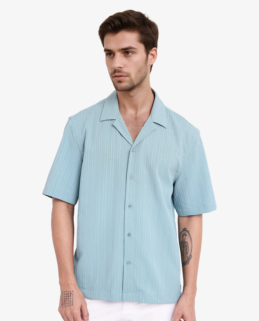 Rare Rabbit Men's Mirtilo Turq Polyester Striped Print Boxy Fit Half Sleeve Cuban Collar Shirt