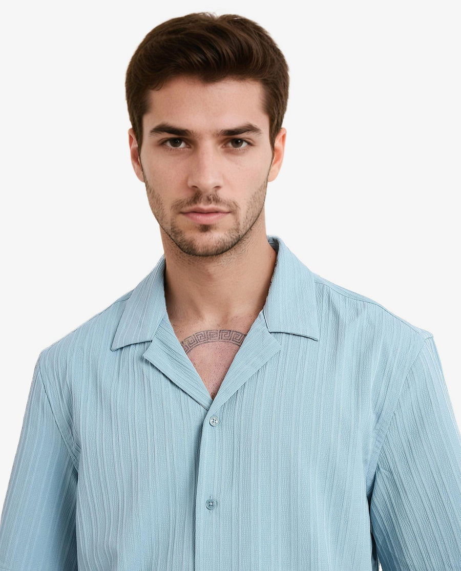 Rare Rabbit Men's Mirtilo Turq Polyester Striped Print Boxy Fit Half Sleeve Cuban Collar Shirt