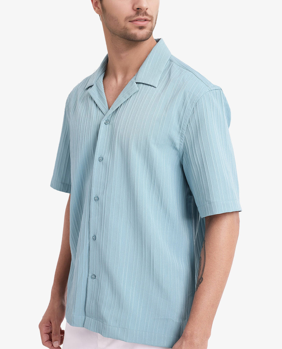 Rare Rabbit Men's Mirtilo Turq Polyester Striped Print Boxy Fit Half Sleeve Cuban Collar Shirt