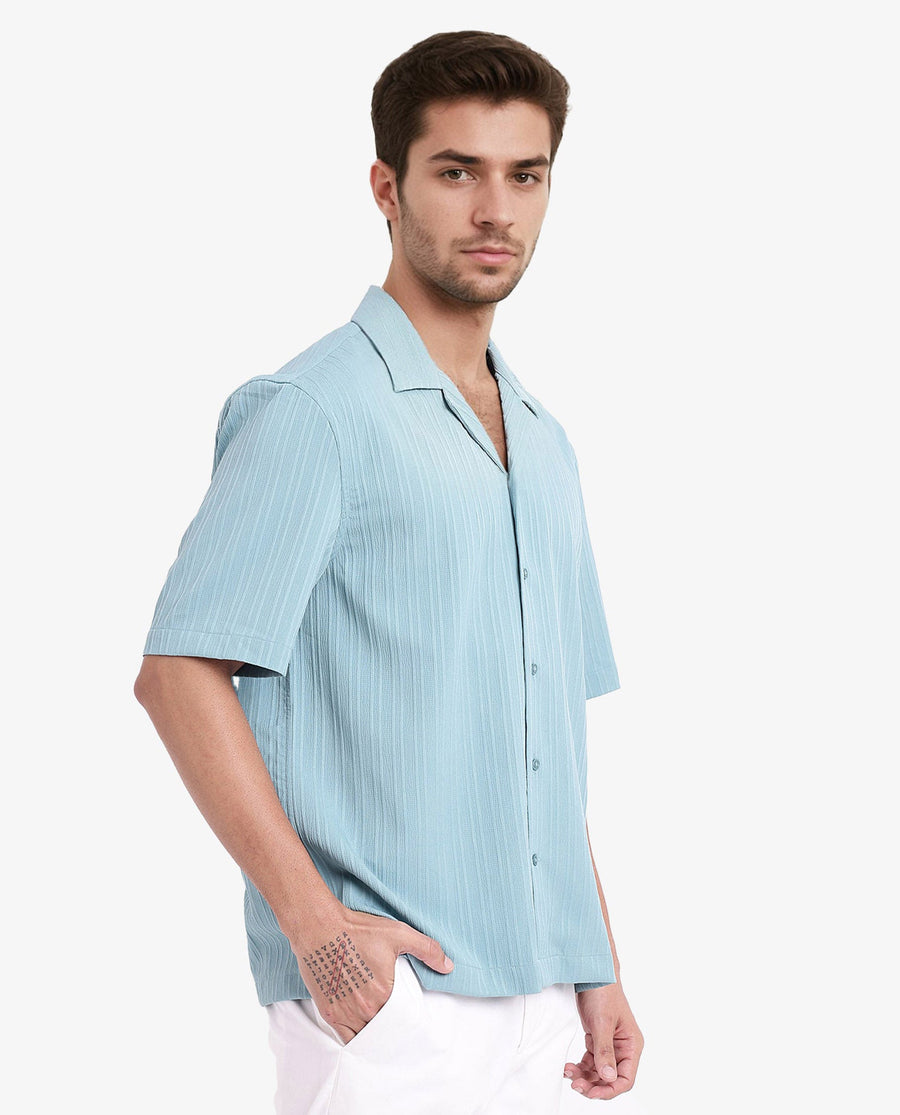 Rare Rabbit Men's Mirtilo Turq Polyester Striped Print Boxy Fit Half Sleeve Cuban Collar Shirt