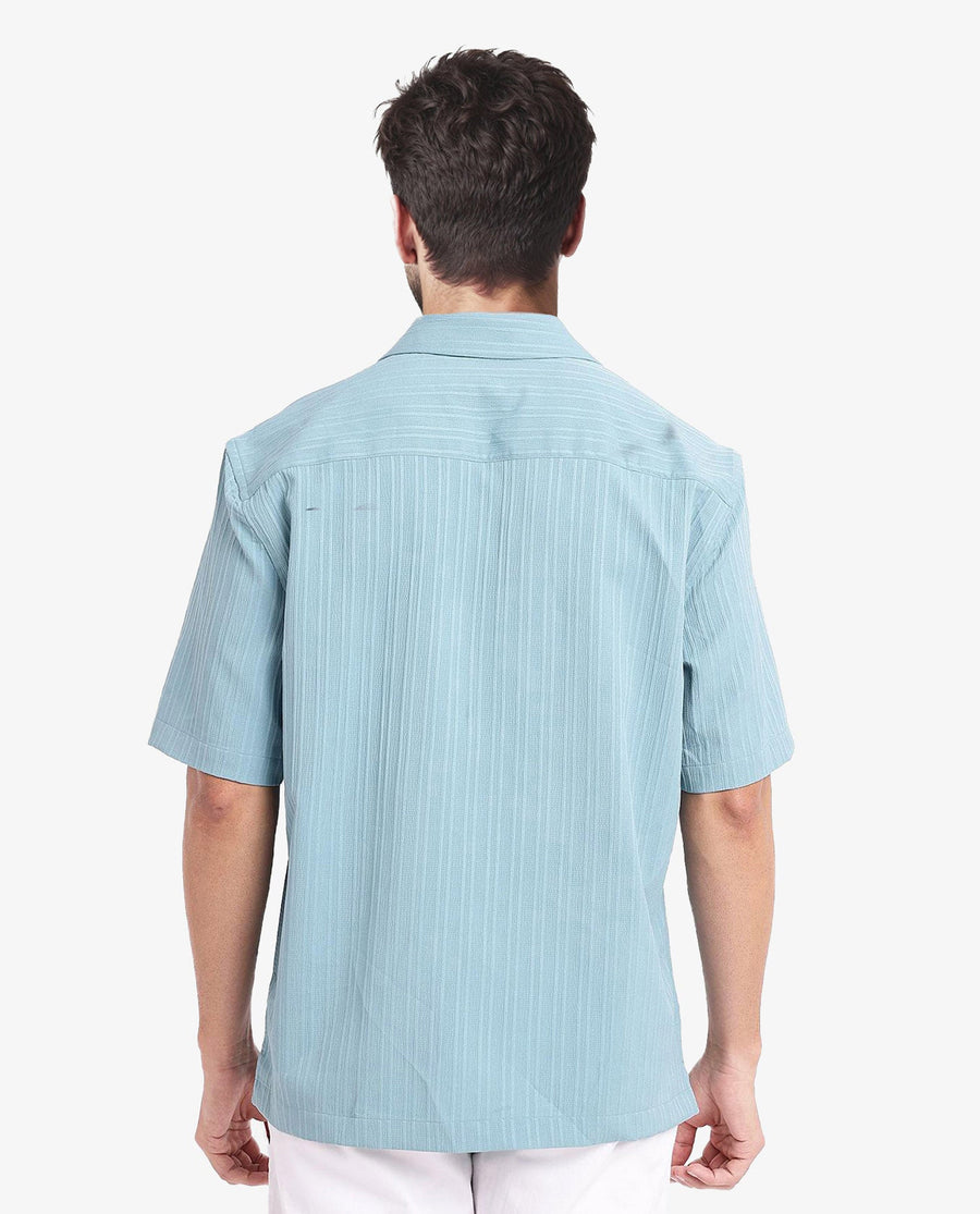Rare Rabbit Men's Mirtilo Turq Polyester Striped Print Boxy Fit Half Sleeve Cuban Collar Shirt