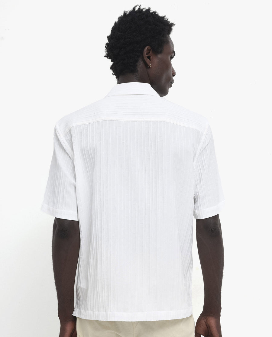 Rare Rabbit Men's Mirtilo White Polyester Striped Print Boxy Fit Half Sleeve Cuban Collar Shirt