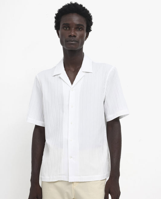 Rare Rabbit Men's Mirtilo White Polyester Striped Print Boxy Fit Half Sleeve Cuban Collar Shirt